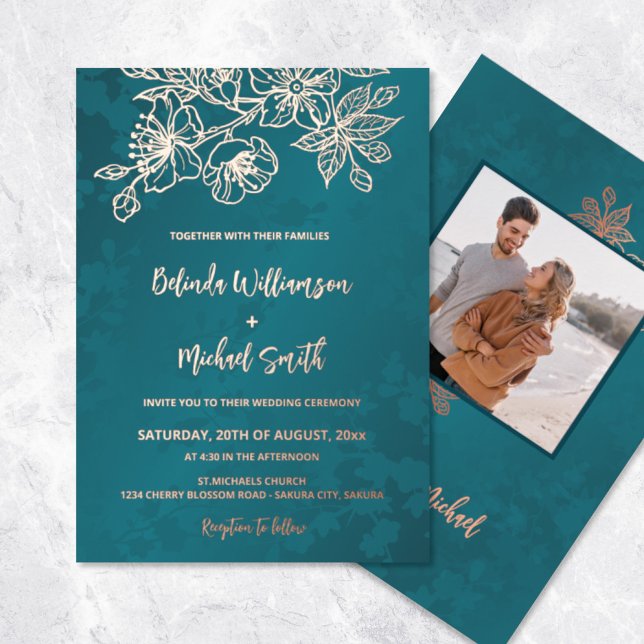 PHOTO Rose Gold Teal Floral Wedding Foil Invitation (Creator Uploaded)