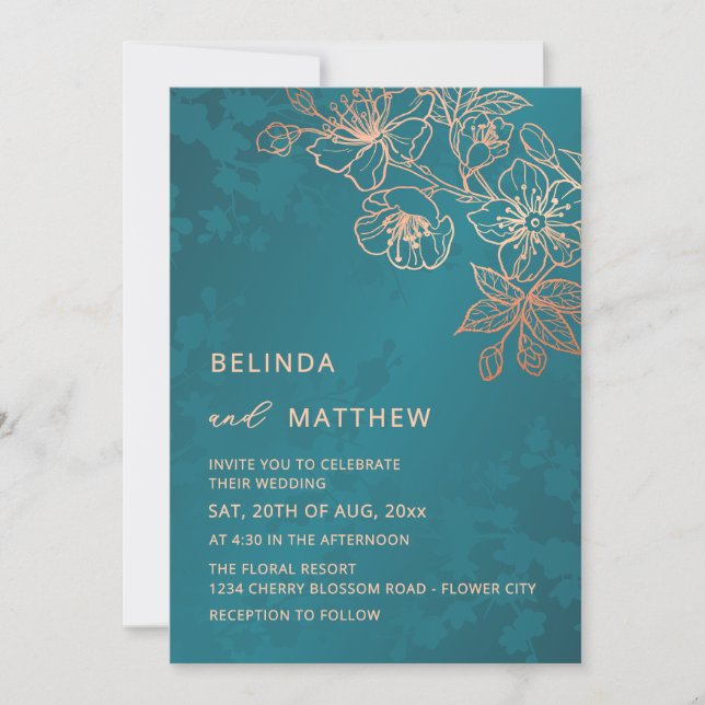 Photo Rose Gold Teal Wedding Invitation (Front)