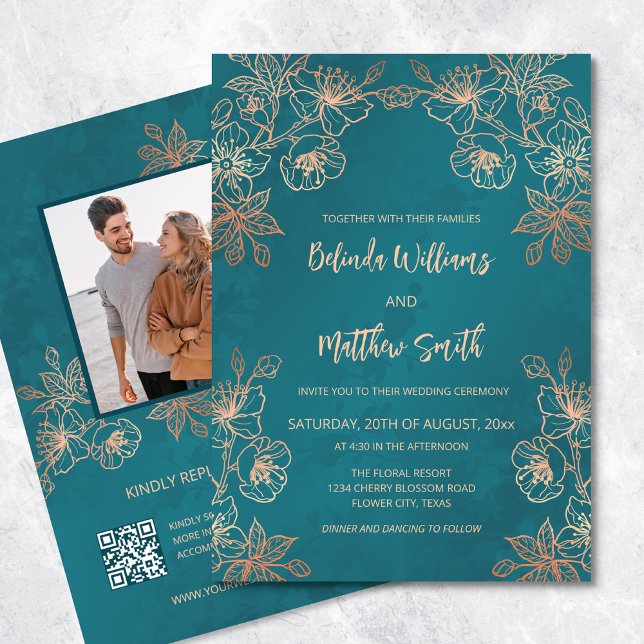 Photo Rose Gold Teal Wedding Invitation (Creator Uploaded)
