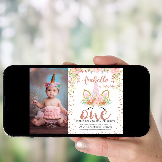 Photo Rose Gold Unicorn 1st Birthday Invitation (Front Digital)