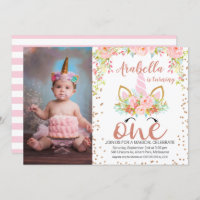 Photo Rose Gold Unicorn 1st Birthday Invitation