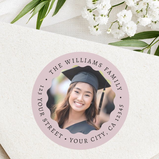 Photo rose taupe graduation return address classic round sticker (Photo rose mauve graduation return address classic round sticker)