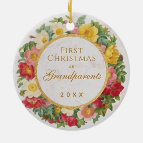 Photo Rose Wreath First Christmas as Grandparents Ceramic Ornament