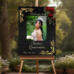 Photo, Roses & Leaves Quinceanera Welcome - Black Foam Board