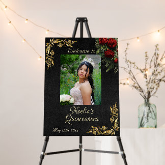 Photo, Roses & Leaves Quinceanera Welcome - Black Foam Board