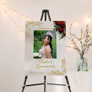 Photo, Roses & Leaves Quinceanera Welcome - Pearl Foam Board