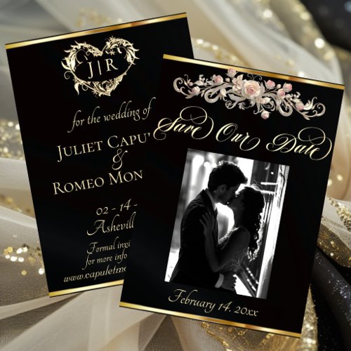 Photo, Roses & Monogram - Black Save The Date