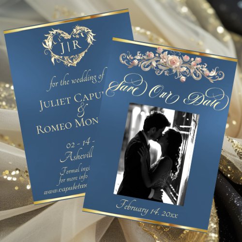 Photo, Roses & Monogram - Blue Save The Date