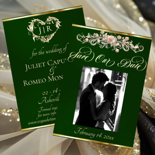 Photo, Roses & Monogram - Emerald Save The Date