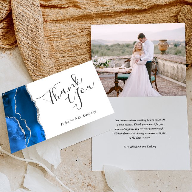 Photo Royal Blue Agate Silver Wedding Thank You Card (Creator Uploaded)