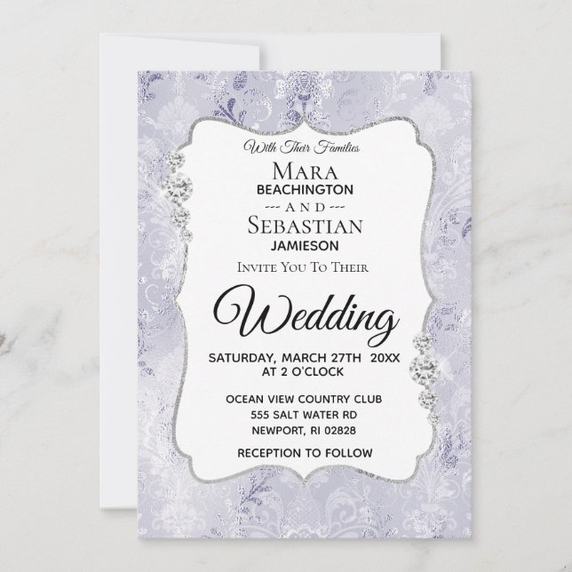 *~* Photo + RSVP + QR Diamond Damask Wedding Invitation (Front)
