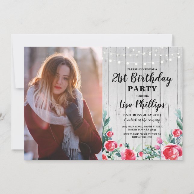 Photo Rustic 21st Birthday Party Red Floral Wood Invitation (Front)