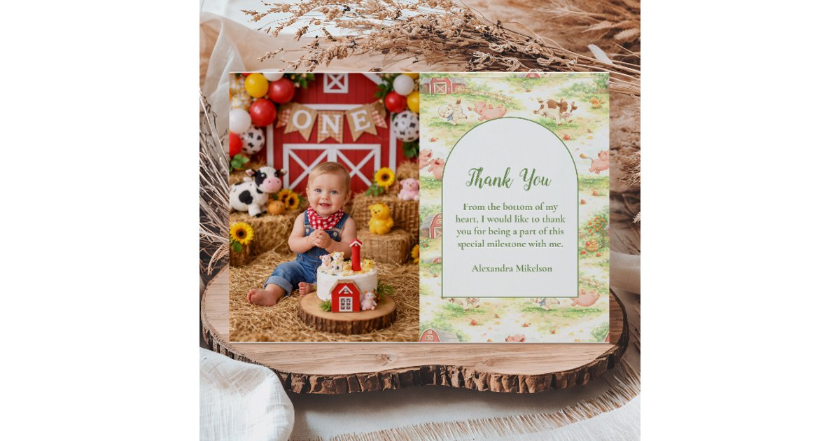 Photo Rustic Barnyard Farm Animals 1st Birthday Thank You Card | Zazzle