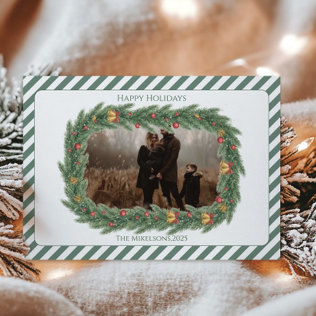 Photo Rustic Evergreen Bell Christmas Holiday Card (Creator Uploaded)