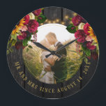 Photo rustic farmhouse Mr and Mrs floral barn wood Large Clock<br><div class="desc">Rustic country newlyweds wedding round photo Mr. and Mrs. personalized wall clock with red burgundy roses and yellow golden sunflowers bouquets over a dark brown barn wood with strings of twinkle lights. Easy to customize with your names, text and photo! It can be a pretty keepsake gift for a new...</div>