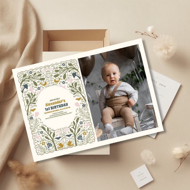 Photo Rustic Green Woodland Fern 1st Birthday Invitation (Creator Uploaded)