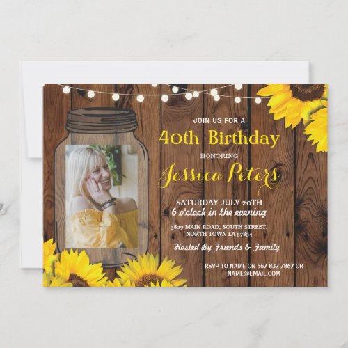 Photo Rustic Jar Birthday Party Wood Sunflower Invitation