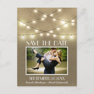 Photo Rustic Lights Burlap Save the Date Postcards