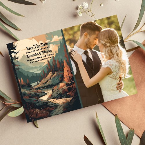 Photo Rustic Mountain Forest Evergreen Wedding Save The Date
