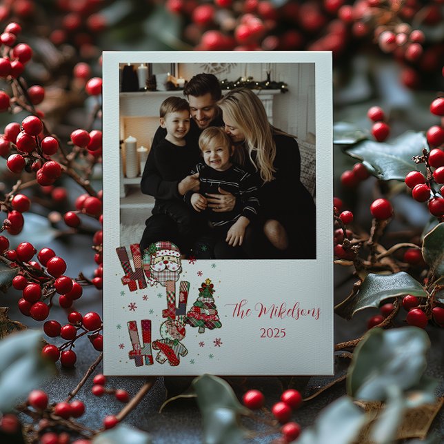 Photo Rustic Patchwork Ho Ho Ho Christmas Holiday Card (Creator Uploaded)