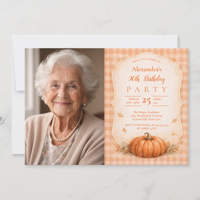Photo Rustic Pumpkin Floral 90th Birthday Invitation (Front)