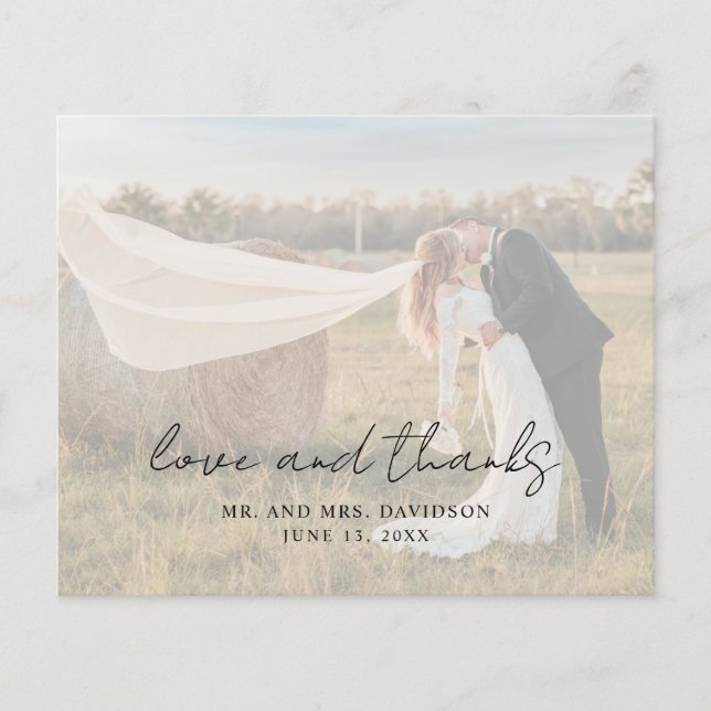 Photo Rustic Script Modern Wedding Thank You Card (Front)