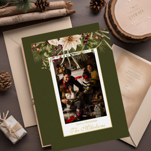 Photo Rustic Watercolor Botanical Christmas Foil Holiday Card