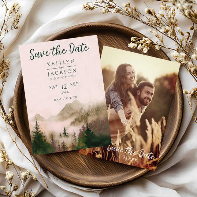 Photo Rustic Watercolor Wedding Save The Date  Invitation (Misty Mountain Rustic Photo Watercolor Save the Date Card)