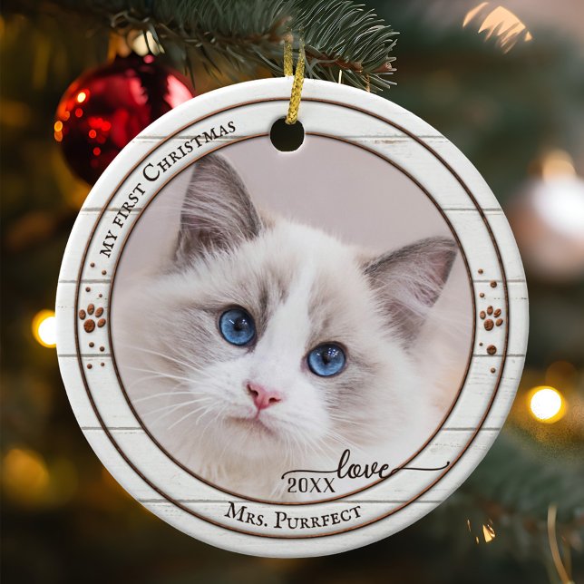 Photo Rustic White Wood Cute Cat Ornament (Ornament showing your (cat) photo framed by a rustic white wood design with metallic paw prints)