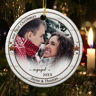 Photo Rustic White Wood Engagement Ornament