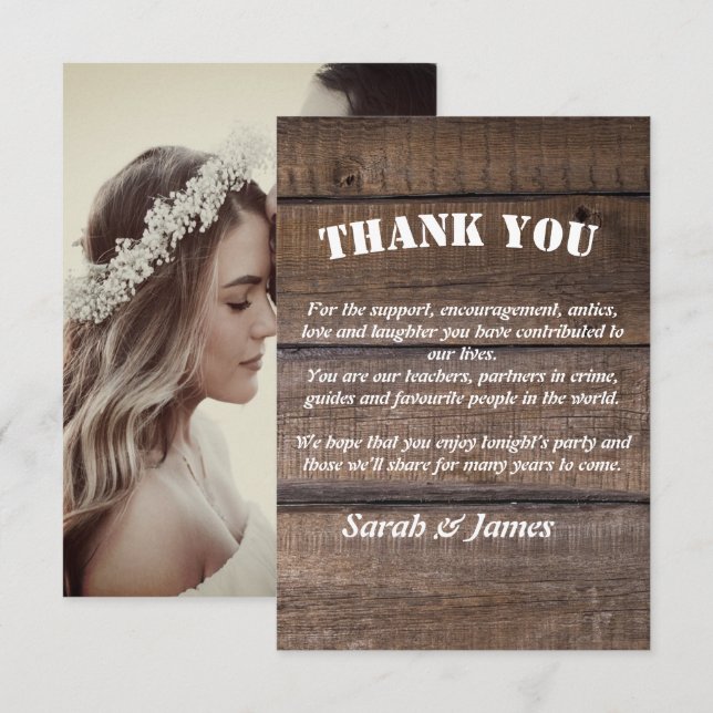 Photo Rustic Wood Country Wedding  Thank You Card (Front/Back)