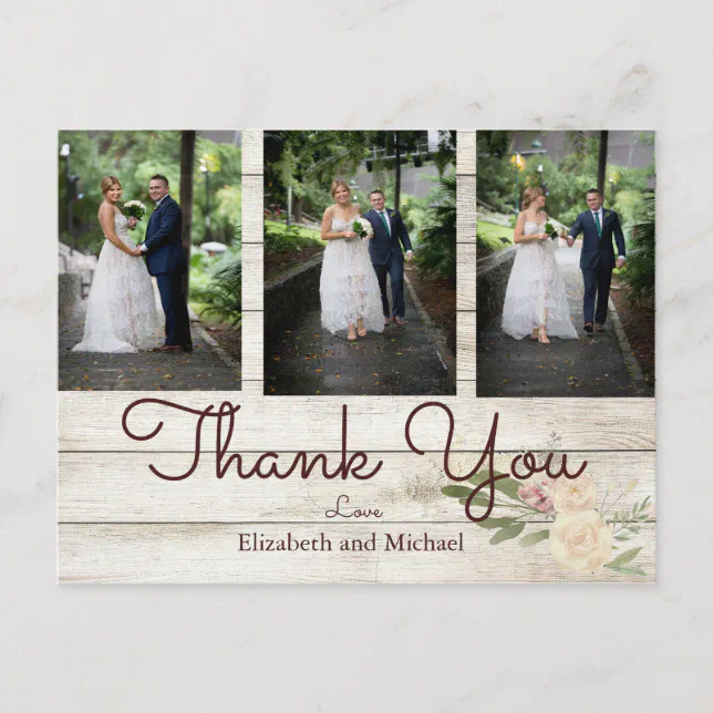 Photo Rustic Wood Floral Wedding Thank You Postcard | Zazzle