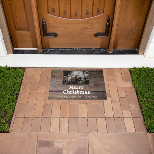 Photo Rustic Wooden Merry Christmas Holiday Name Doormat