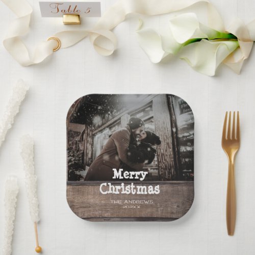 Photo Rustic Wooden Merry Christmas Holiday Party  Paper Plates