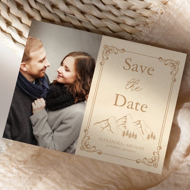 Photo Rustic Woods Mountain Sketch Wedding Save The Date (Creator Uploaded)