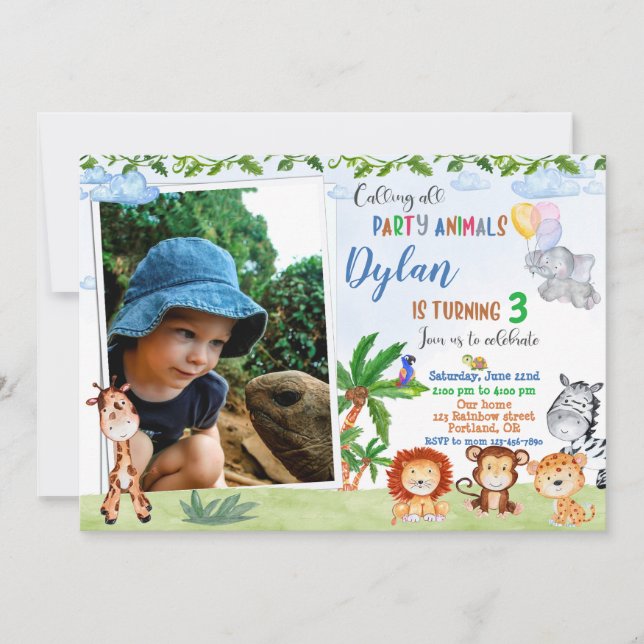 Photo Safari birthday invitation Jungle animal 1st (Front)