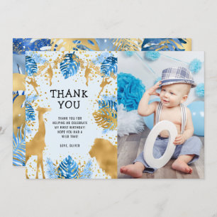 Photo Safari Blue 1st Birthday Thank You Card