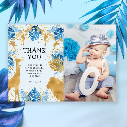 Photo Safari Blue 1st Birthday Thank You Card