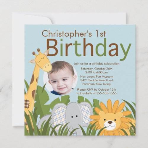 Photo Safari Jungle Animal Kid Birthday Party Custom Invites