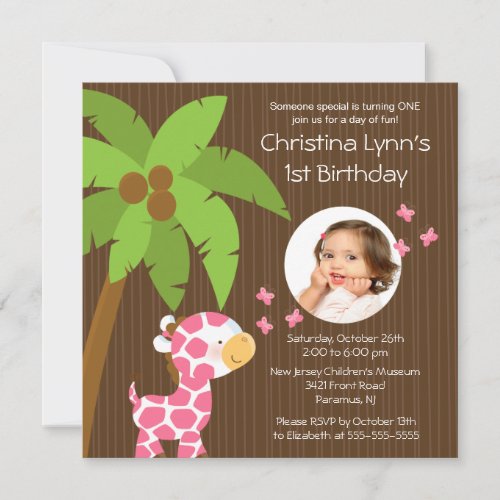 Photo Safari Jungle Giraffe Kid Birthday Party Custom Announcement
