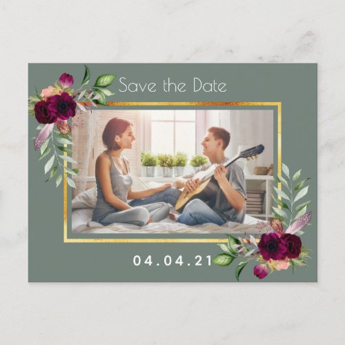 Photo sage green burgundy wedding Save the Date Announcement Postcard