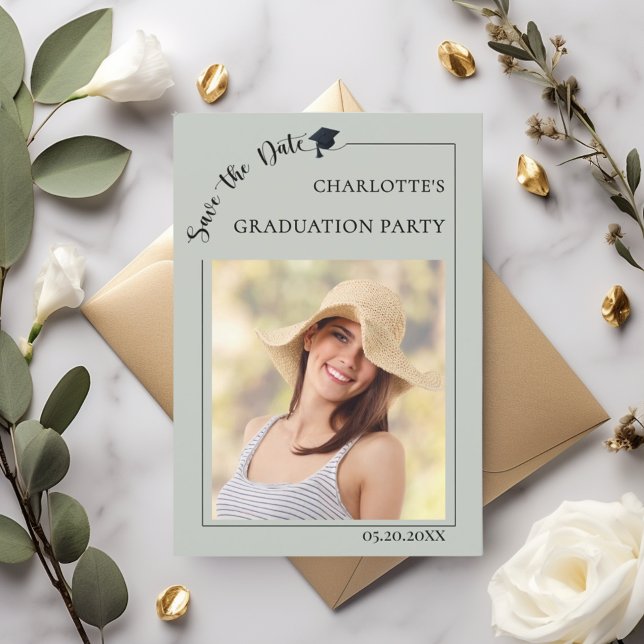 Photo sage green Graduation party Save the Date (Creator Uploaded)