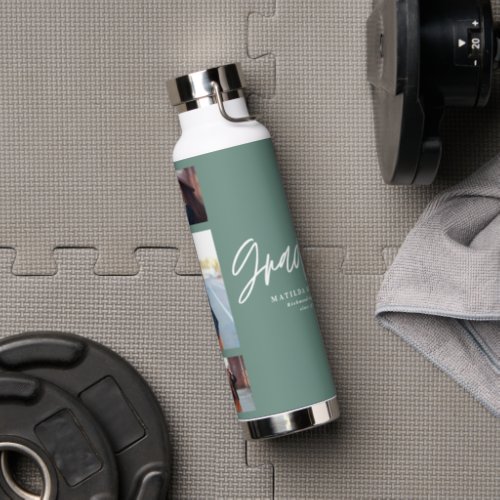 Photo sage green graduation script modern elegant water bottle