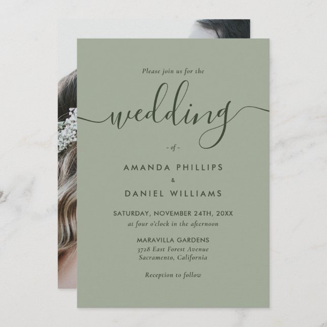 Photo Sage Green Modern Script Wedding Invitation (Front/Back)