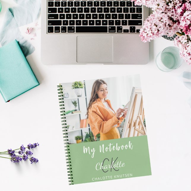Photo sage green monogram name notebook (Creator Uploaded)