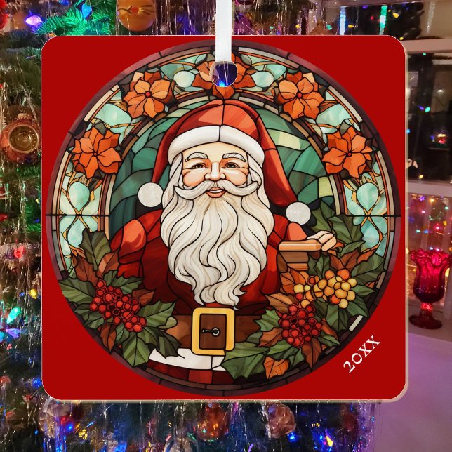 Photo & Santa Claus Personalize Text Name & Year Metal Ornament (Creator Uploaded)