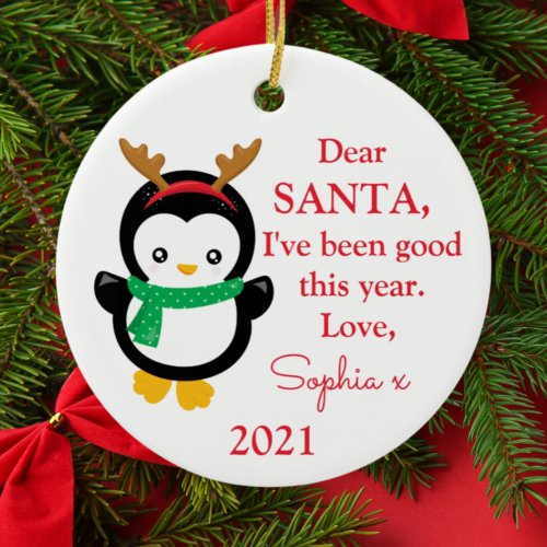 Photo Santa Ive Been Good Penguin Christmas Ceram Ceramic Ornament