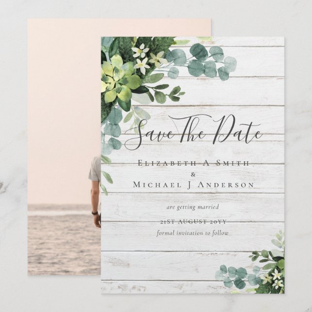 Photo Save Dates Eucalyptus Greenery Leaves (Front/Back)