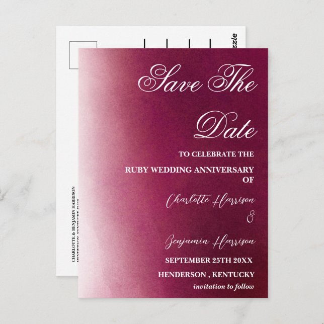 Photo Save the Date 40th Ruby Wedding Anniversary  Postcard (Front/Back)