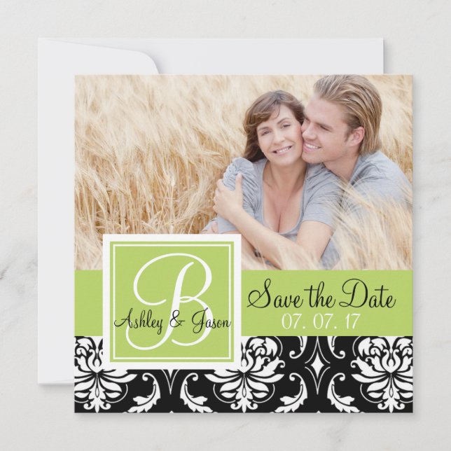 Photo Save the Date Black Damask Initial Green Invitation (Front)